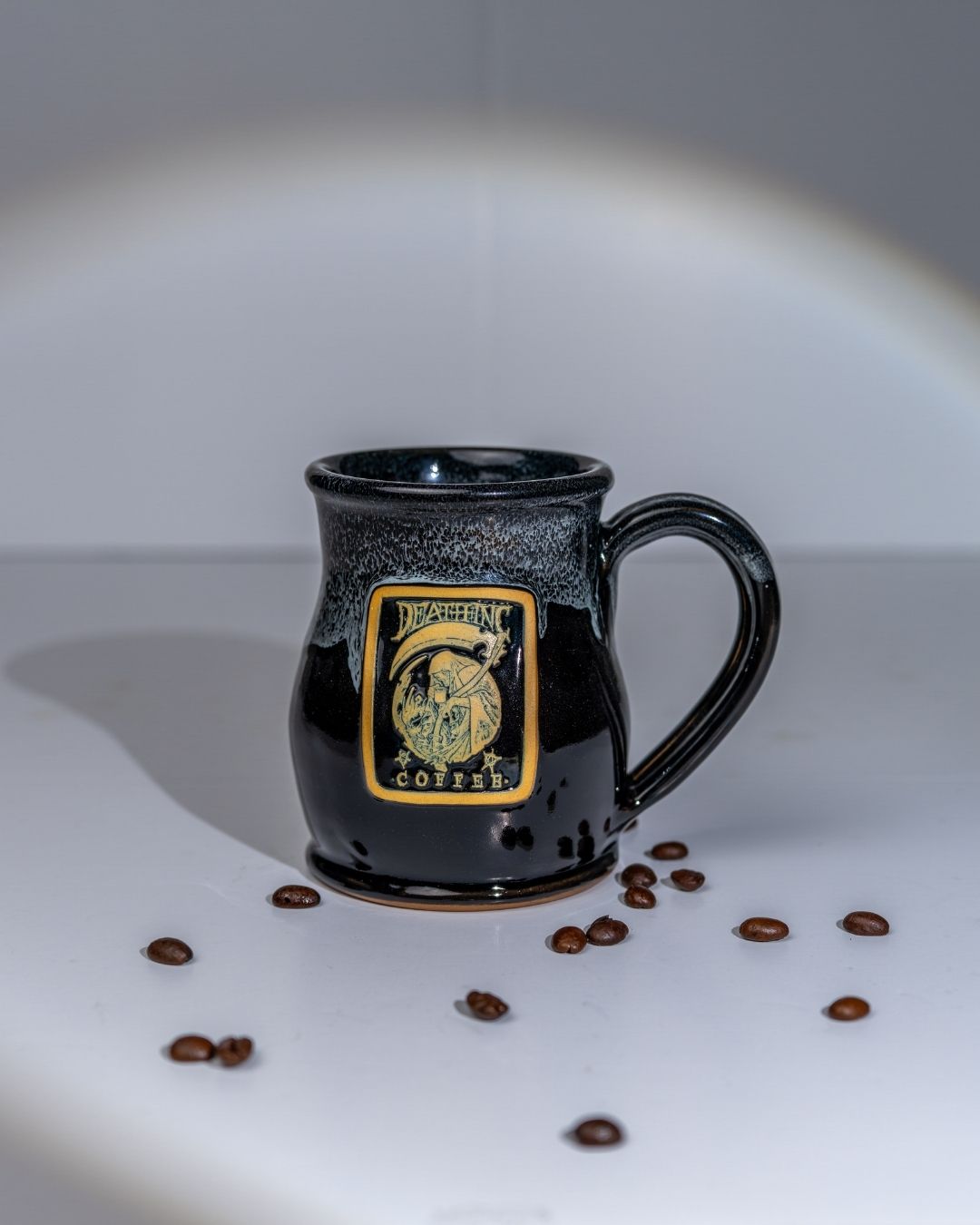 Death Inc Tall Belly Coffee Mug – Black with White Rim