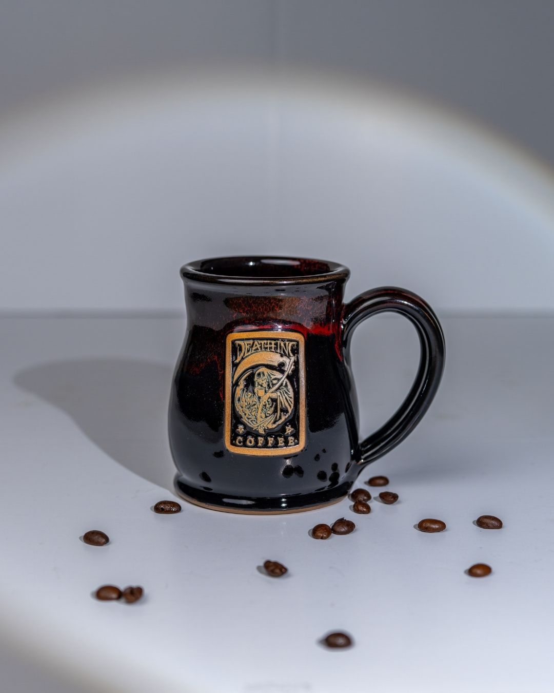 Death Inc Tall Belly Coffee Mug – Black with Red Rim
