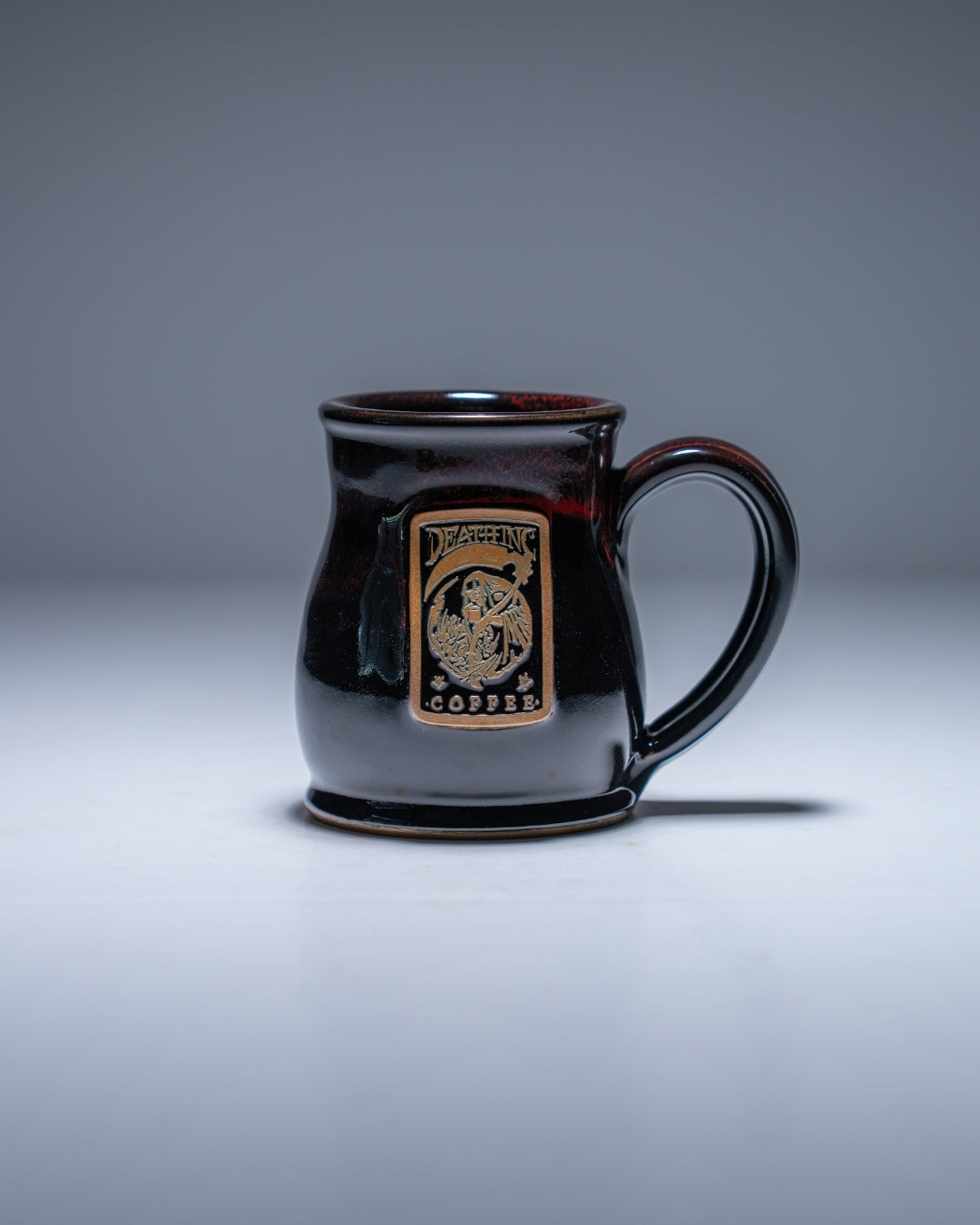 Death Inc Tall Belly Coffee Mug – Black with Red Rim